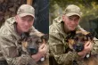 Сравнение фотографии мужчины с собакой до и после реставрации: слева некачественный мутный снимок, справа восстановленный четкий портрет на четком фоне