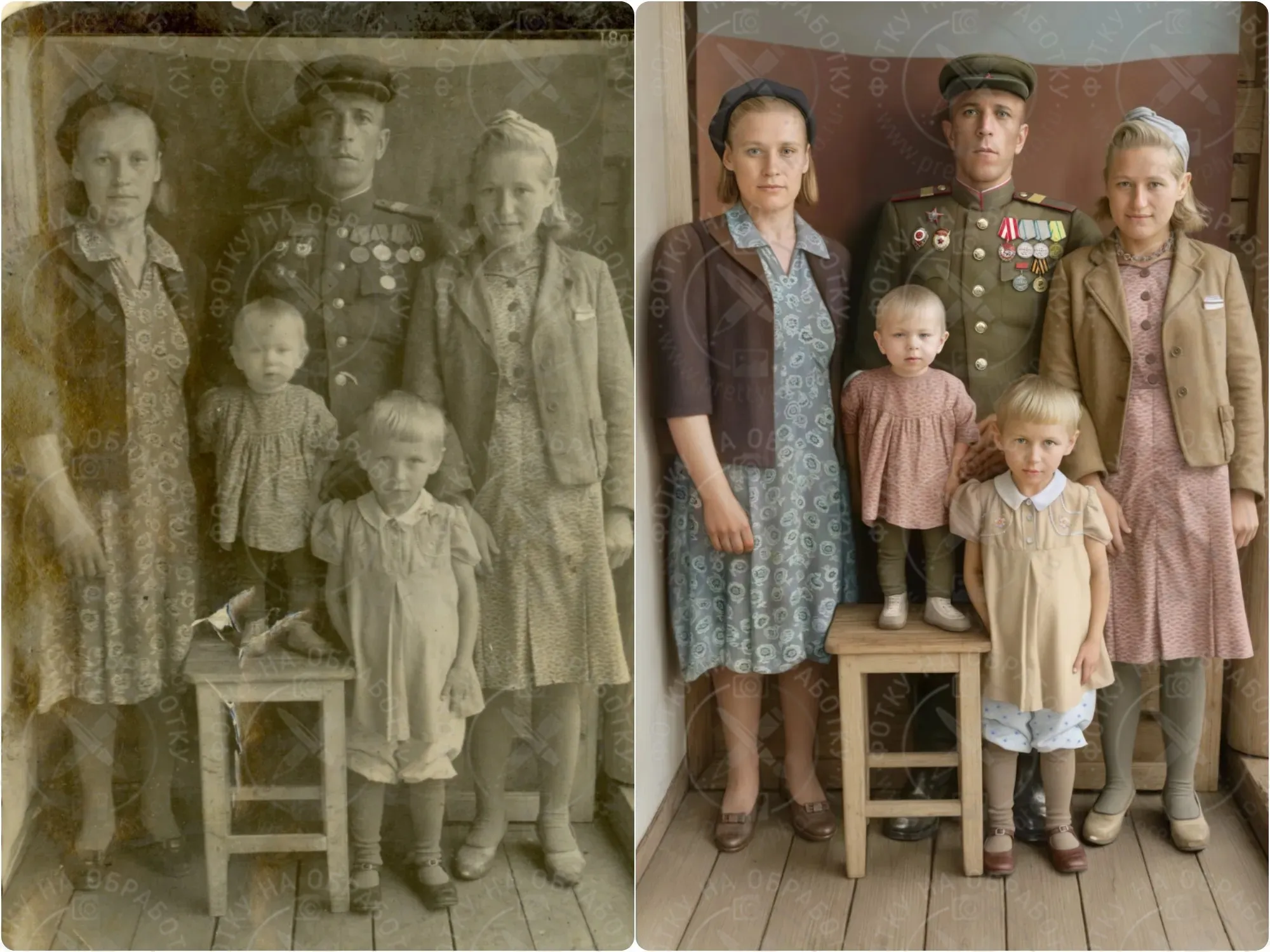 Реставрация старинного фамильного фото. Образец реставрации старинного семейного портрета.